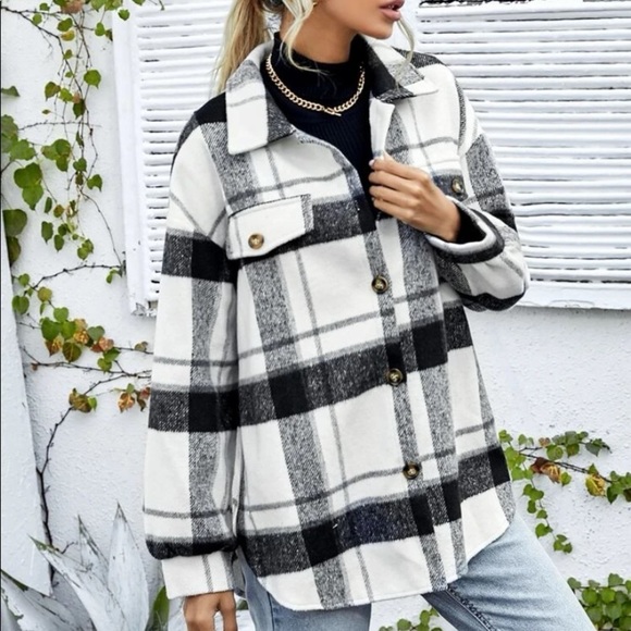 Plaid flannel black white button down top - Picture 3 of 4
